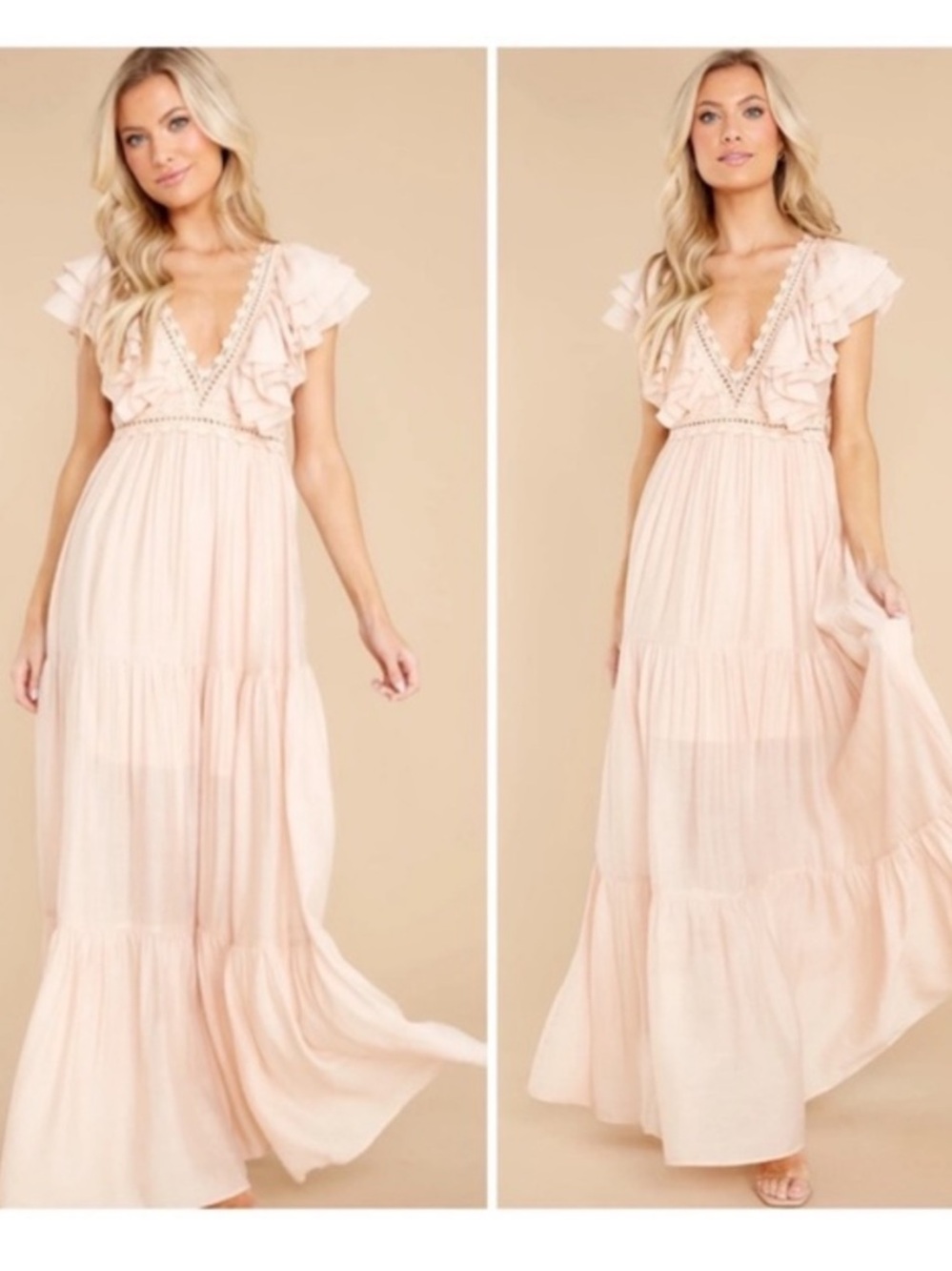 Aura Romantic Tiered Maxi Dress M | V‑Neck Ruffle Short Sleeve Flowy Style